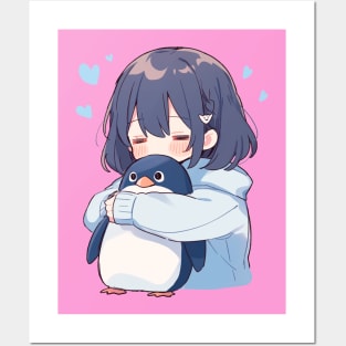 cute girl hugging a penguin Posters and Art